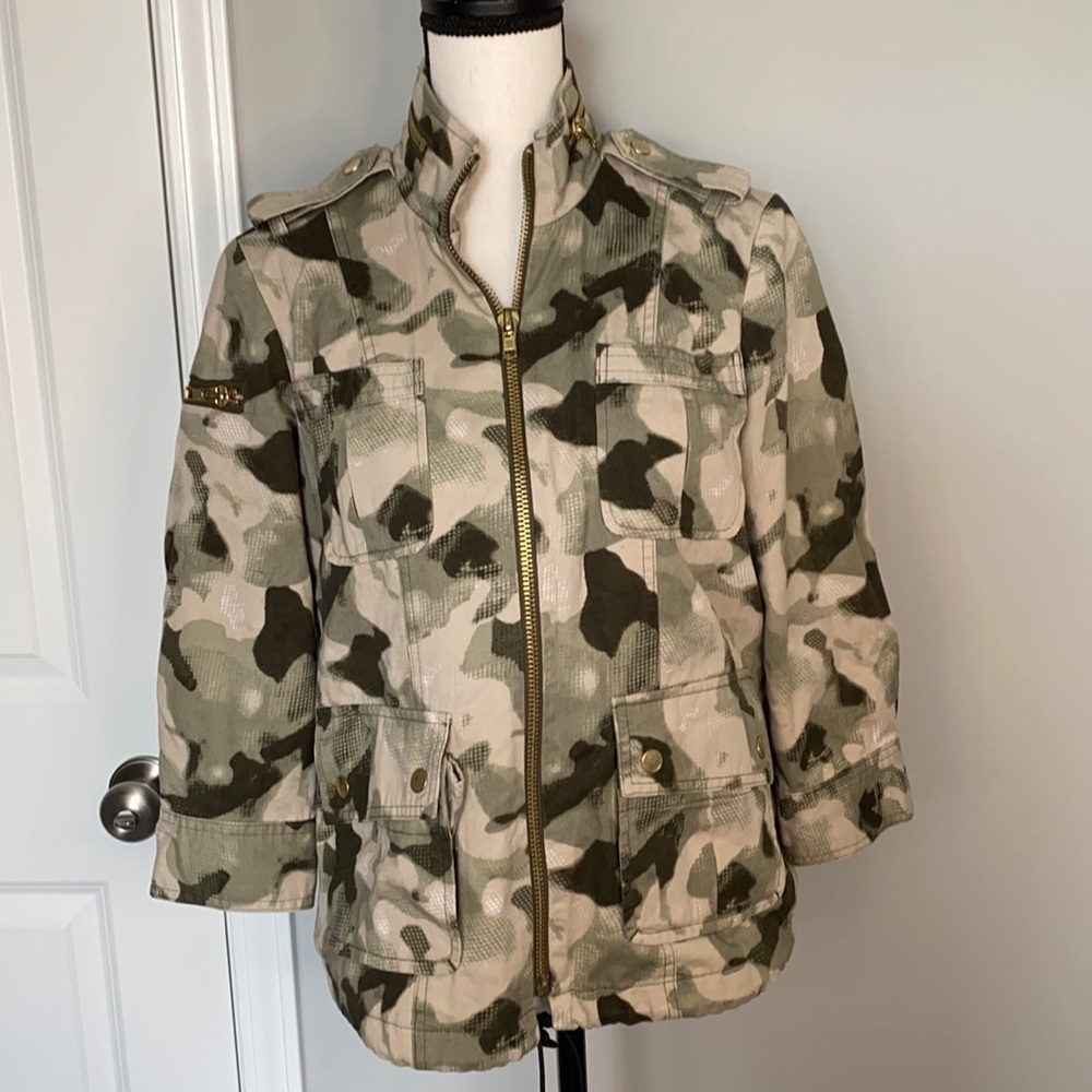 Apostrophe Nordstrom Gold Zipper Camo Military Quarter Sleeve Pocket Jacket